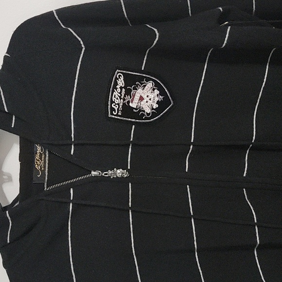 Nwt Ed Hardy Striped Zip Up Hoodie Sweater Wool Love Kills Slowly Skeleton Patch - Picture 3 of 9